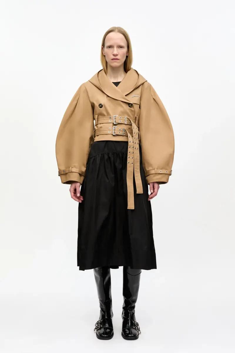 Kurze Trenchjacke aus gebondeter Baumwolle in Kamelbraun