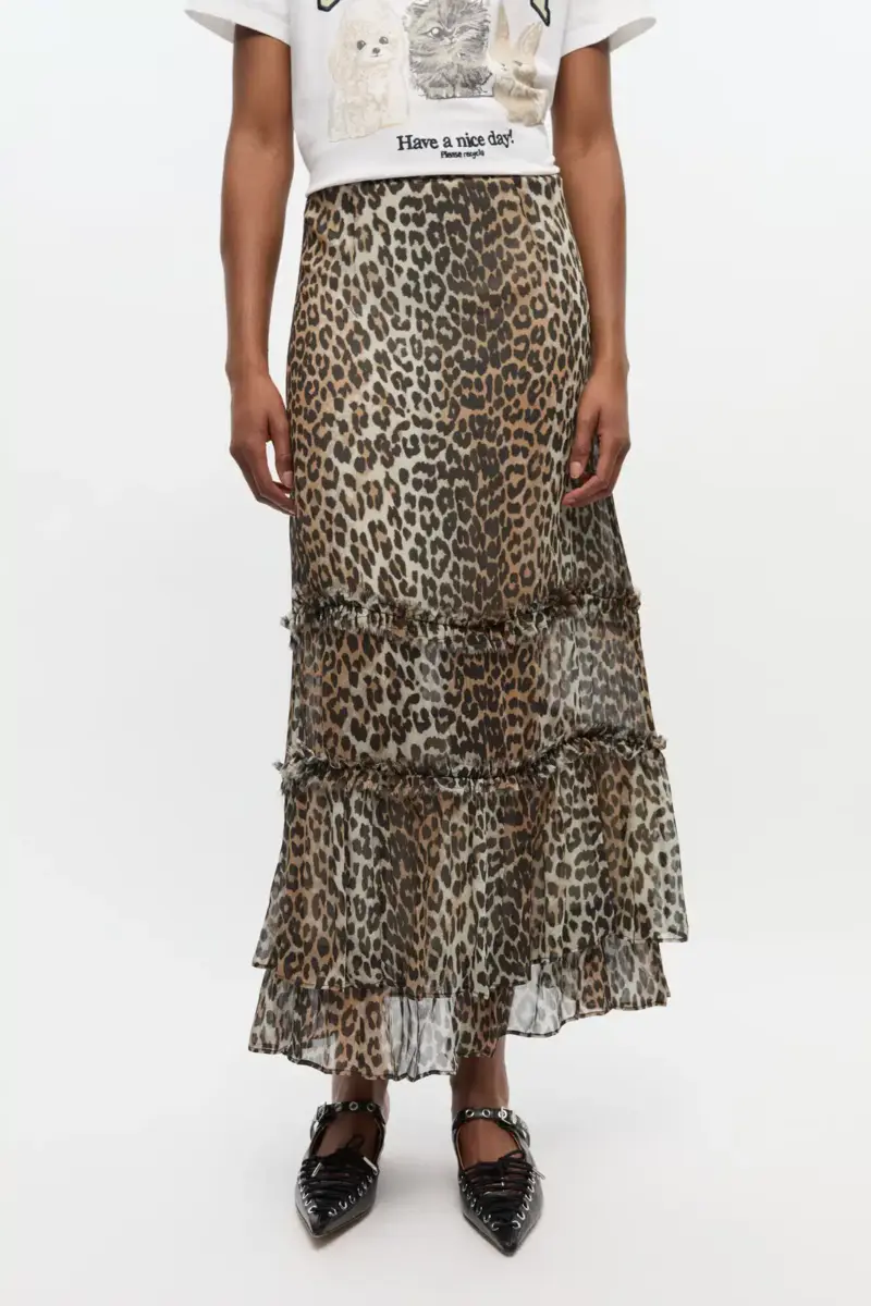 Langer Chiffonrock mit Leopardenmuster und Rüschen Langer Chiffonrock mit Leopardenmuster und Rüschen