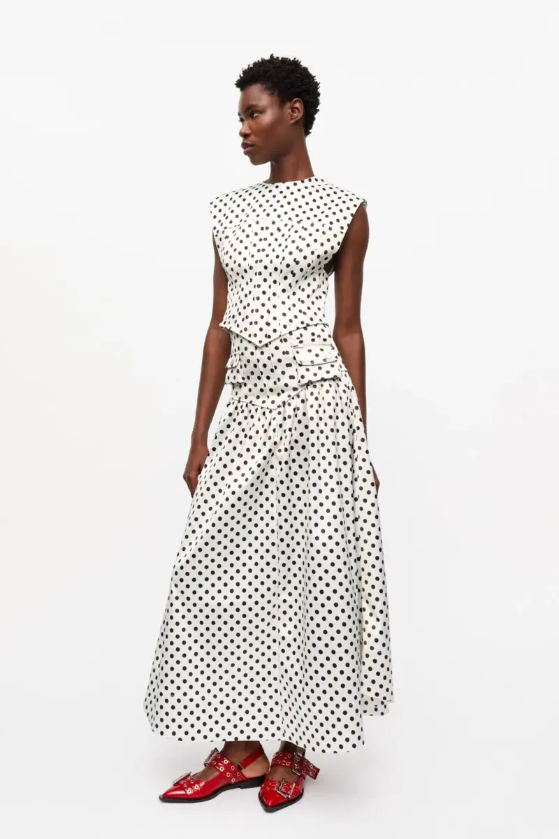 Langer Rock mit doppelten Satintaschen und Polka-Dots