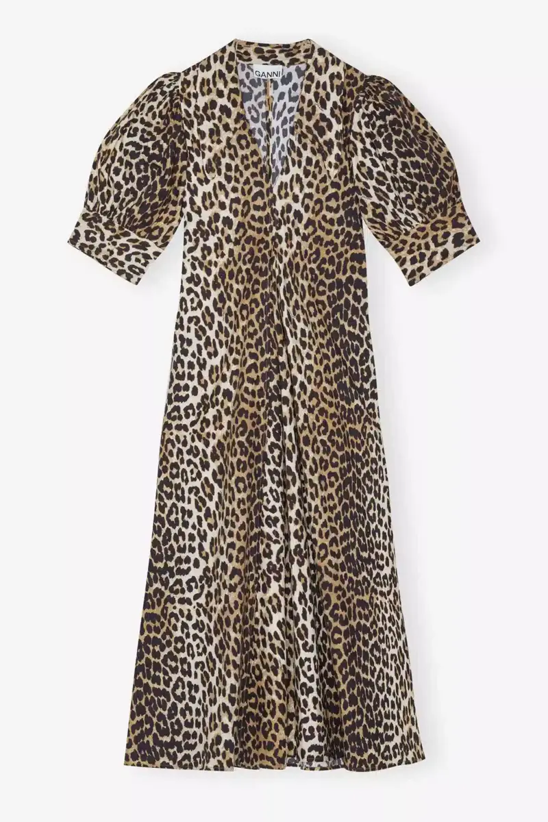 Maxikleid aus Baumwollpopeline mit V-Ausschnitt und Leopardenmuster Maxikleid aus Baumwollpopeline mit V-Ausschnitt und Leopardenmuster
