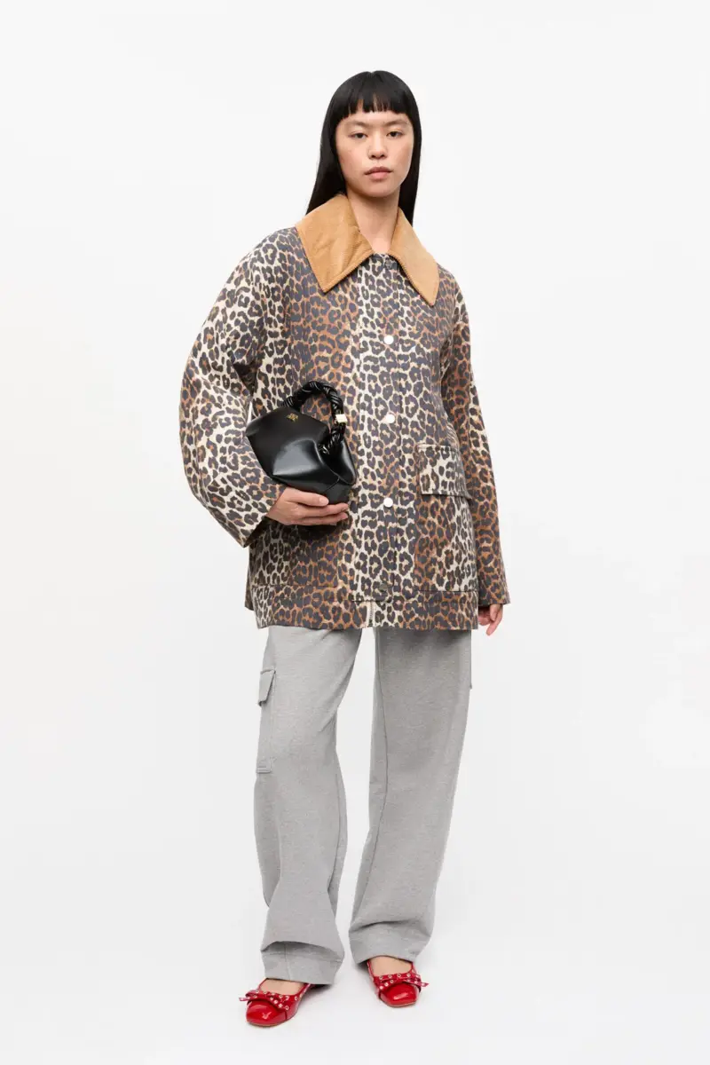 Midi-Jacke aus Canvas mit Leopardenprint