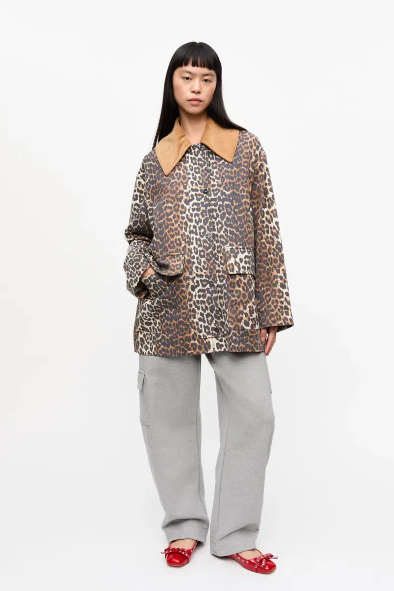Midi-Jacke aus Canvas mit Leopardenprint