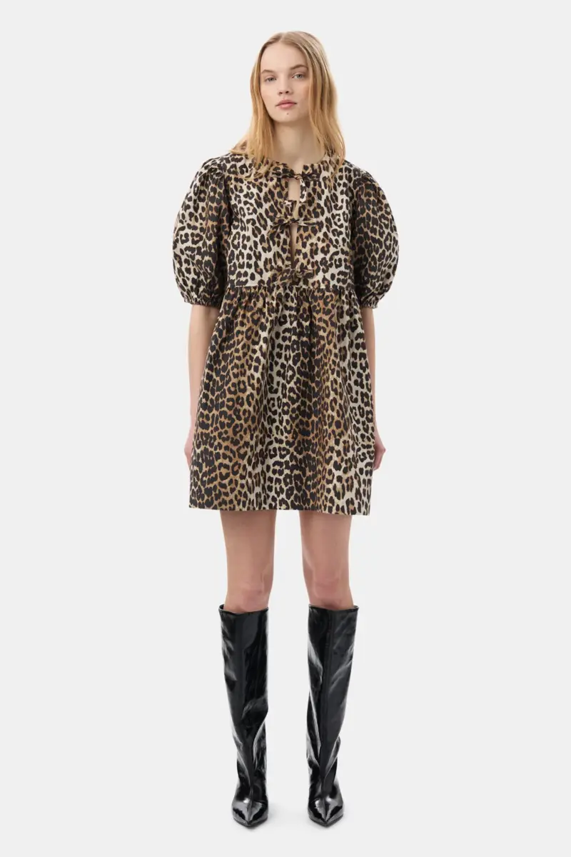 Mini-Kleid aus Baumwolle mit Leopardenmuster und Bindebändern
