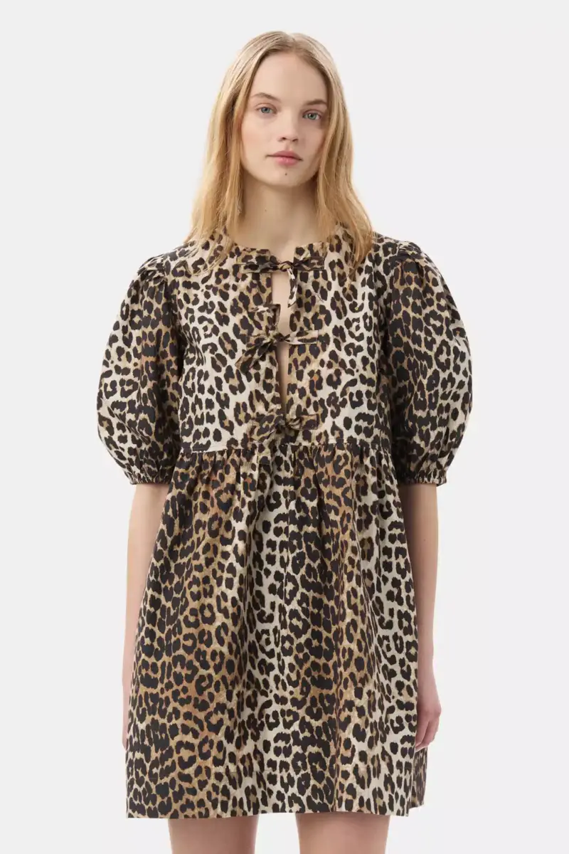Mini-Kleid aus Baumwolle mit Leopardenmuster und Bindebändern
