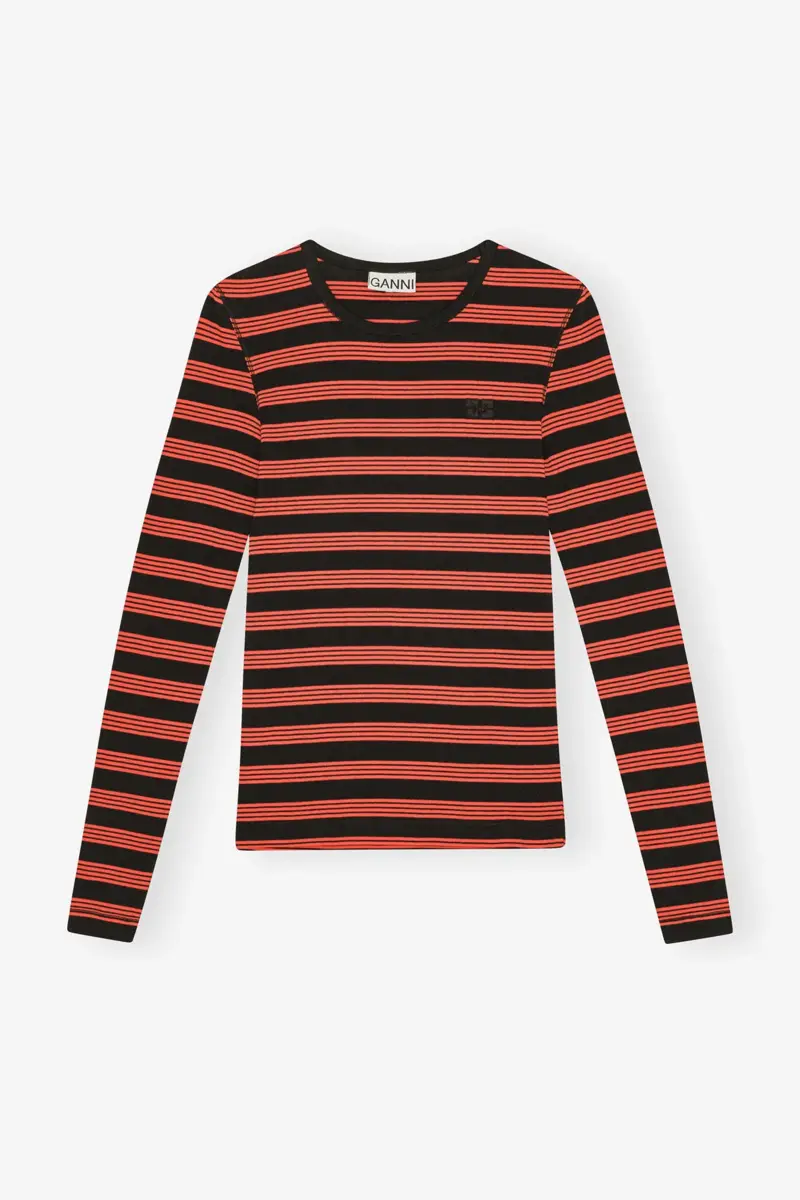 Rotes gestreiftes Langarm-T-Shirt aus weicher Baumwollrippe Rotes gestreiftes Langarm-T-Shirt aus weicher Baumwollrippe