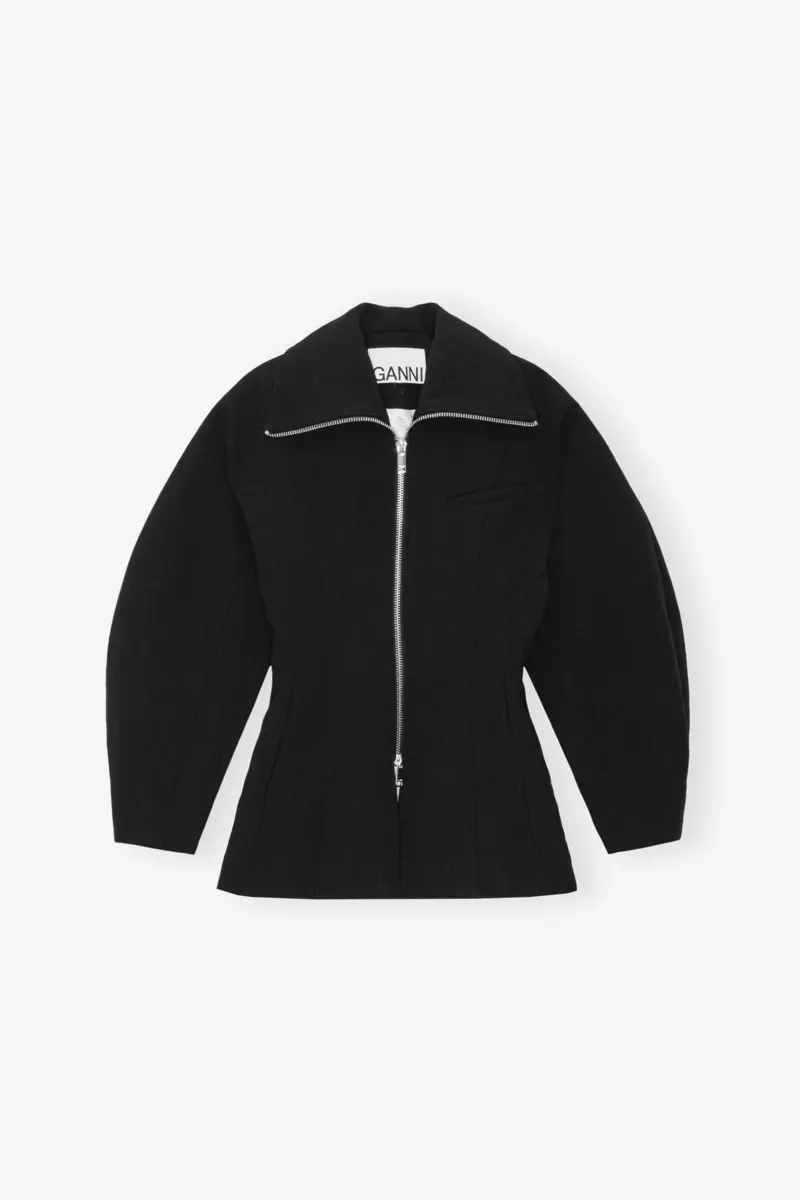 Schwarze Jacke aus gebondeter Krepe mit geschwungenen Ärmeln Schwarze Jacke aus gebondeter Krepe mit geschwungenen Ärmeln