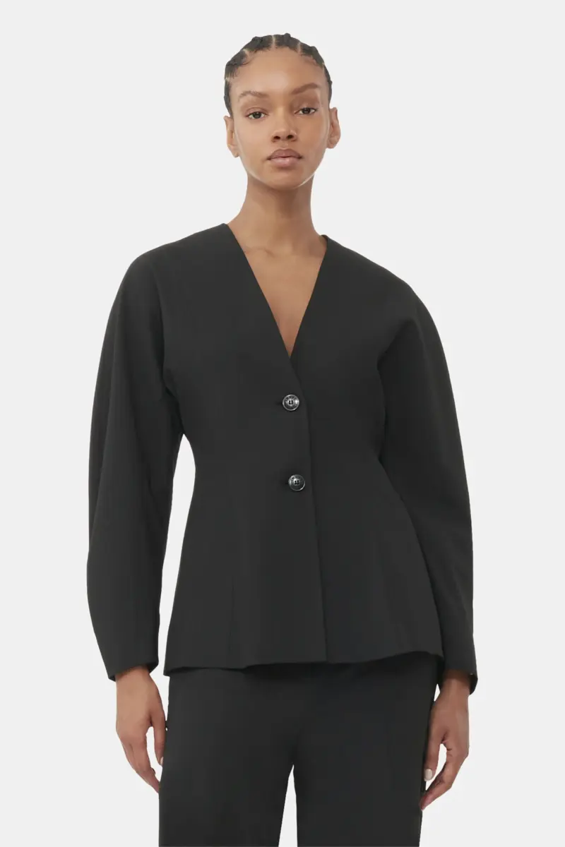 Schwarzer, taillierter, drapierter Melange-Blazer