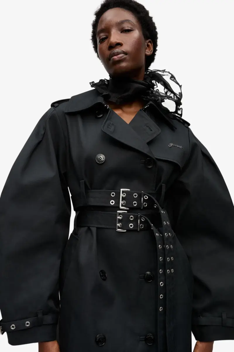 Schwarzer Trenchcoat aus gebondeter Baumwolle Schwarzer Trenchcoat aus gebondeter Baumwolle