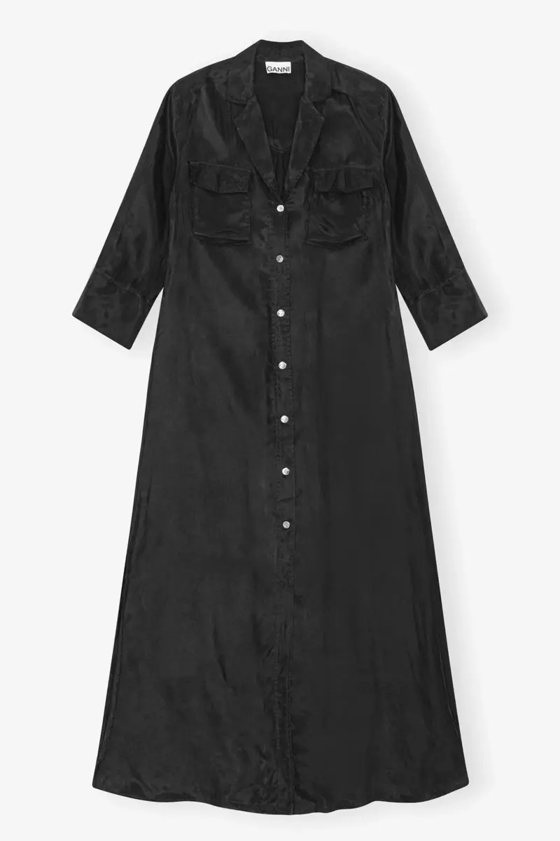 Schwarzes fließendes Cupro-Maxikleid Schwarzes fließendes Cupro-Maxikleid