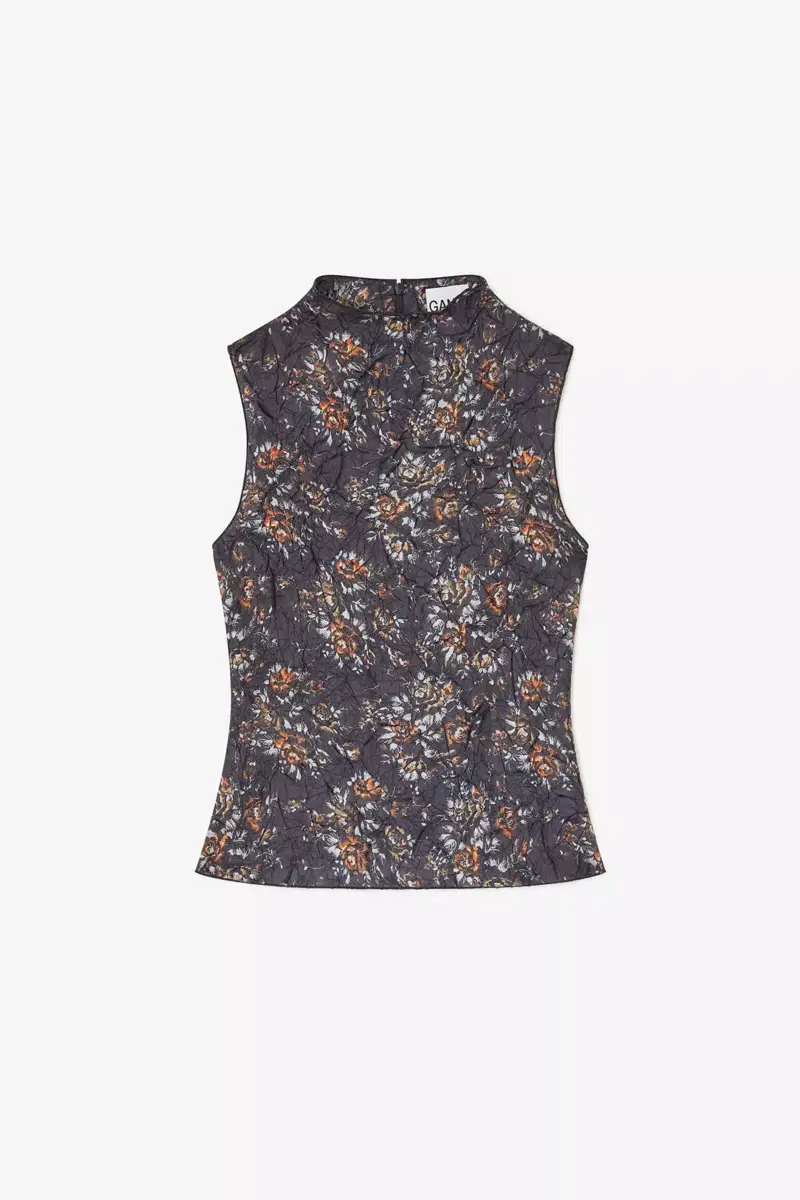 Schwarzes Top mit hohem Kragen und Blumenmuster Schwarzes Top mit hohem Kragen und Blumenmuster