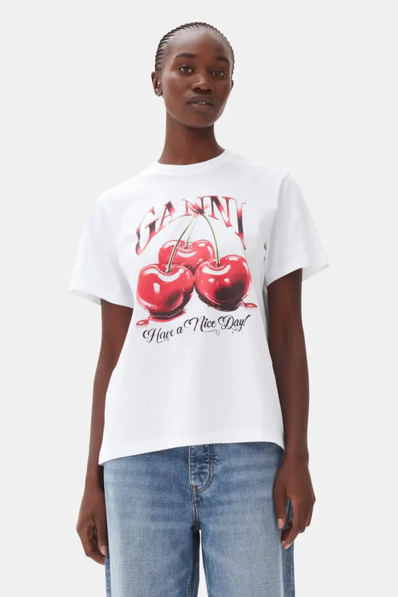 Weißes Basic-Jersey-T-Shirt mit Kirschprint Weißes Basic-Jersey-T-Shirt mit Kirschprint
