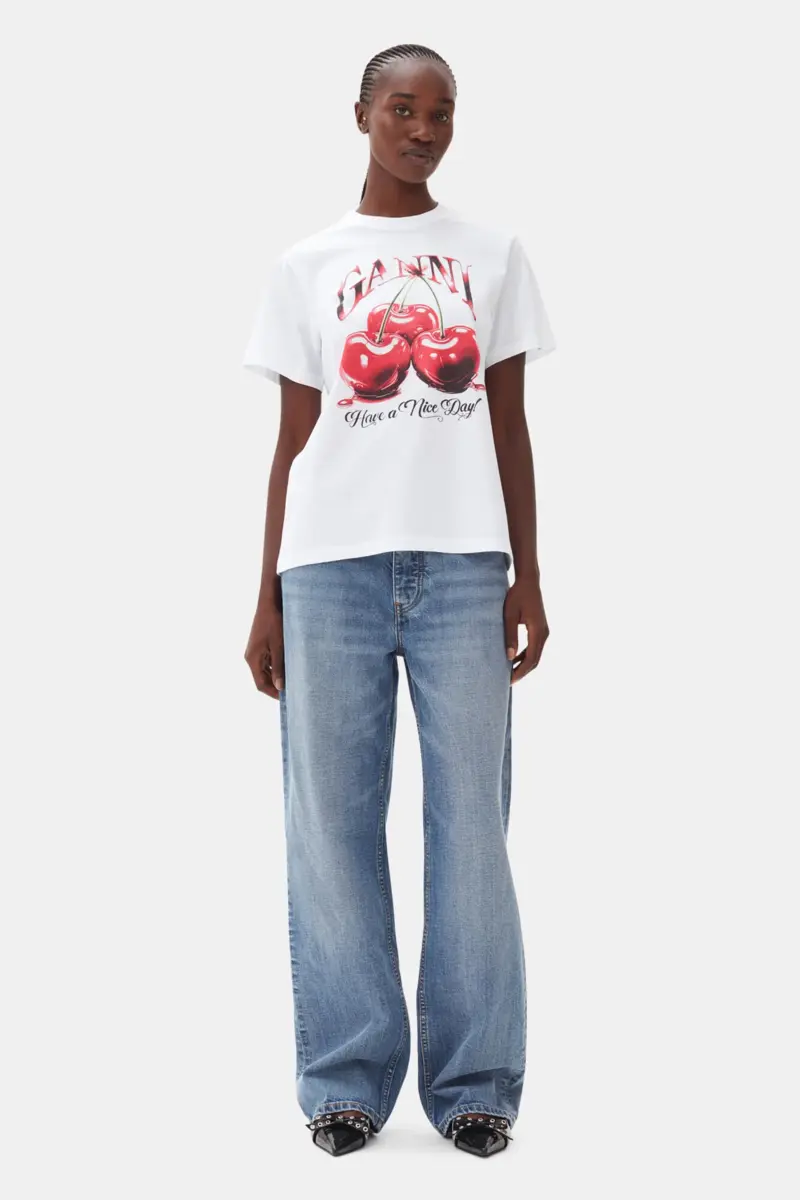 Weißes Basic-Jersey-T-Shirt mit Kirschprint Weißes Basic-Jersey-T-Shirt mit Kirschprint