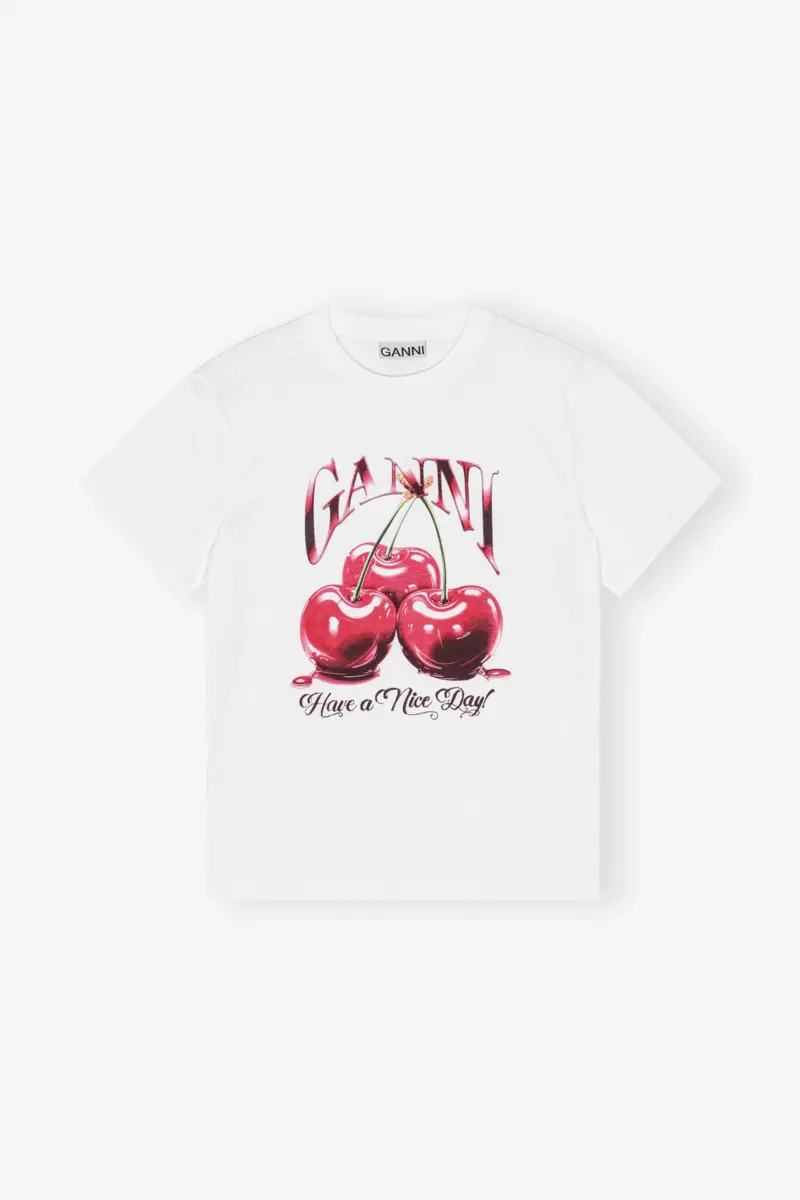 Weißes Basic-Jersey-T-Shirt mit Kirschprint Weißes Basic-Jersey-T-Shirt mit Kirschprint